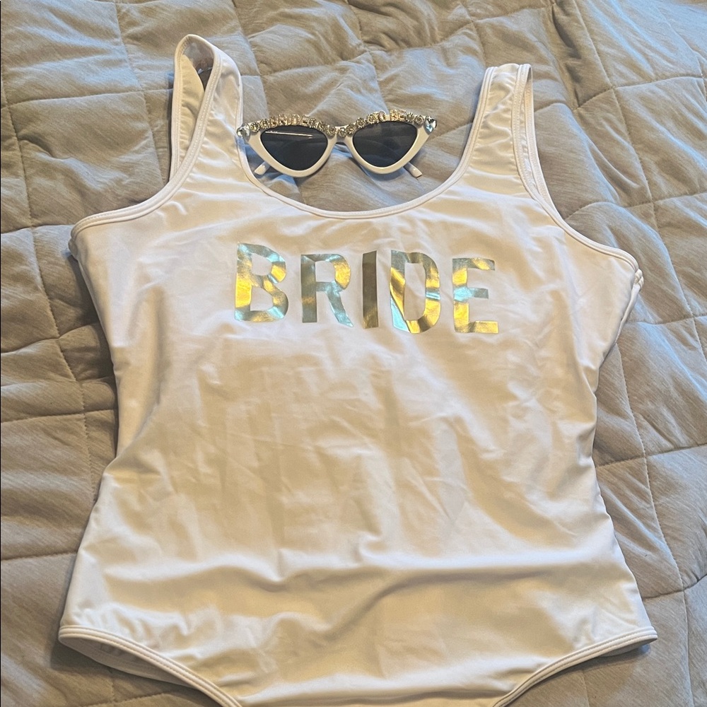 White Bride One-Piece Swimsuit with Rhinestone Sunglasses SET